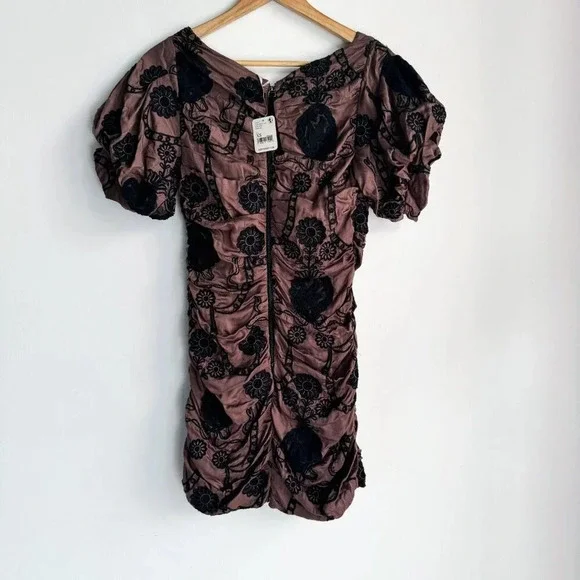 Free People Ruched Embroidered Puff Sleeve Mini Dress  XS - Picture 8 of 9